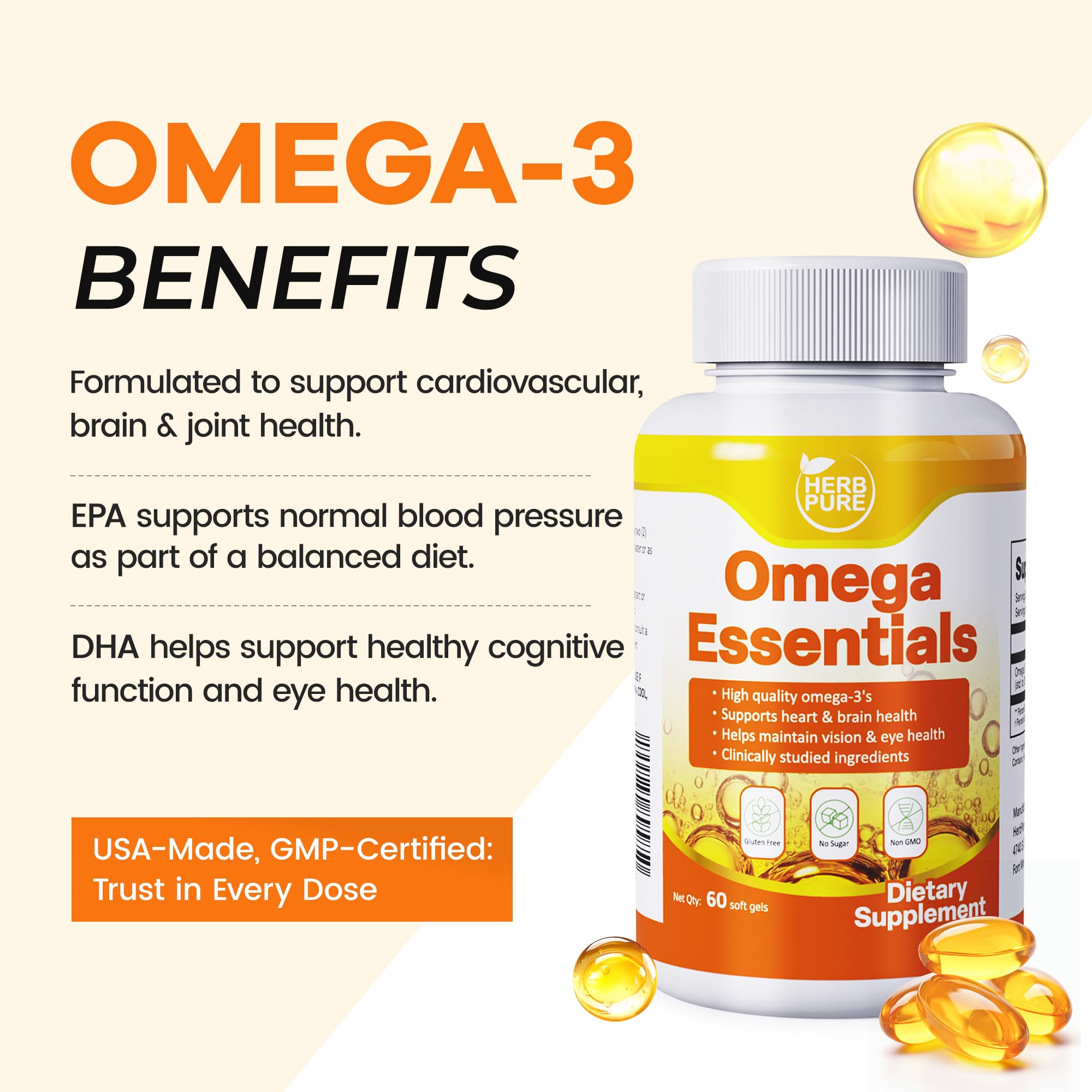 Capsules HERB PURE EPA-DHA 600-400 mg, soutien possible du cœur et du cerveau.
