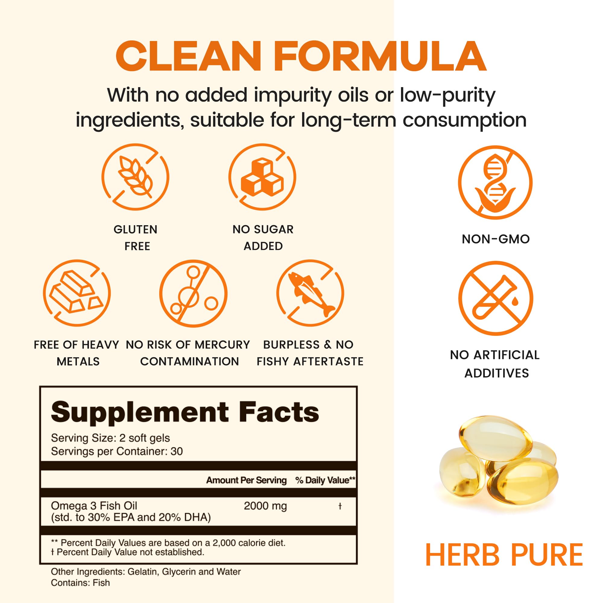 Produit HERB PURE sans OGM et sans additifs artificiels, sécurité renforcée.