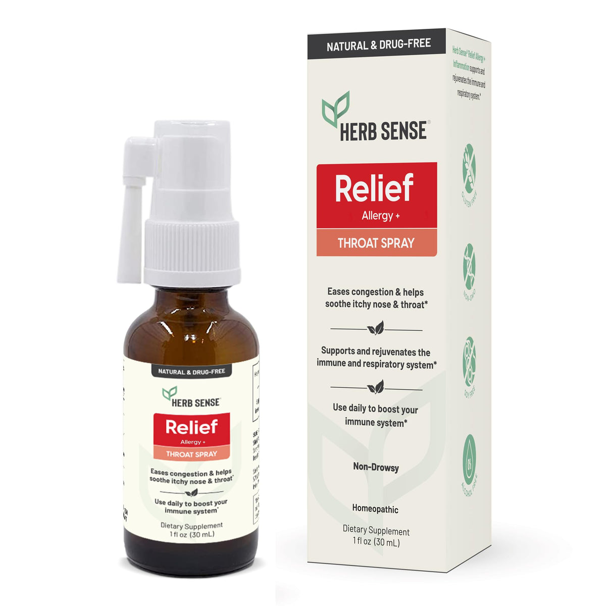 Herb Sense bouteille pour le soulagement de la gorge, soluté pratique et rafraîchissant.