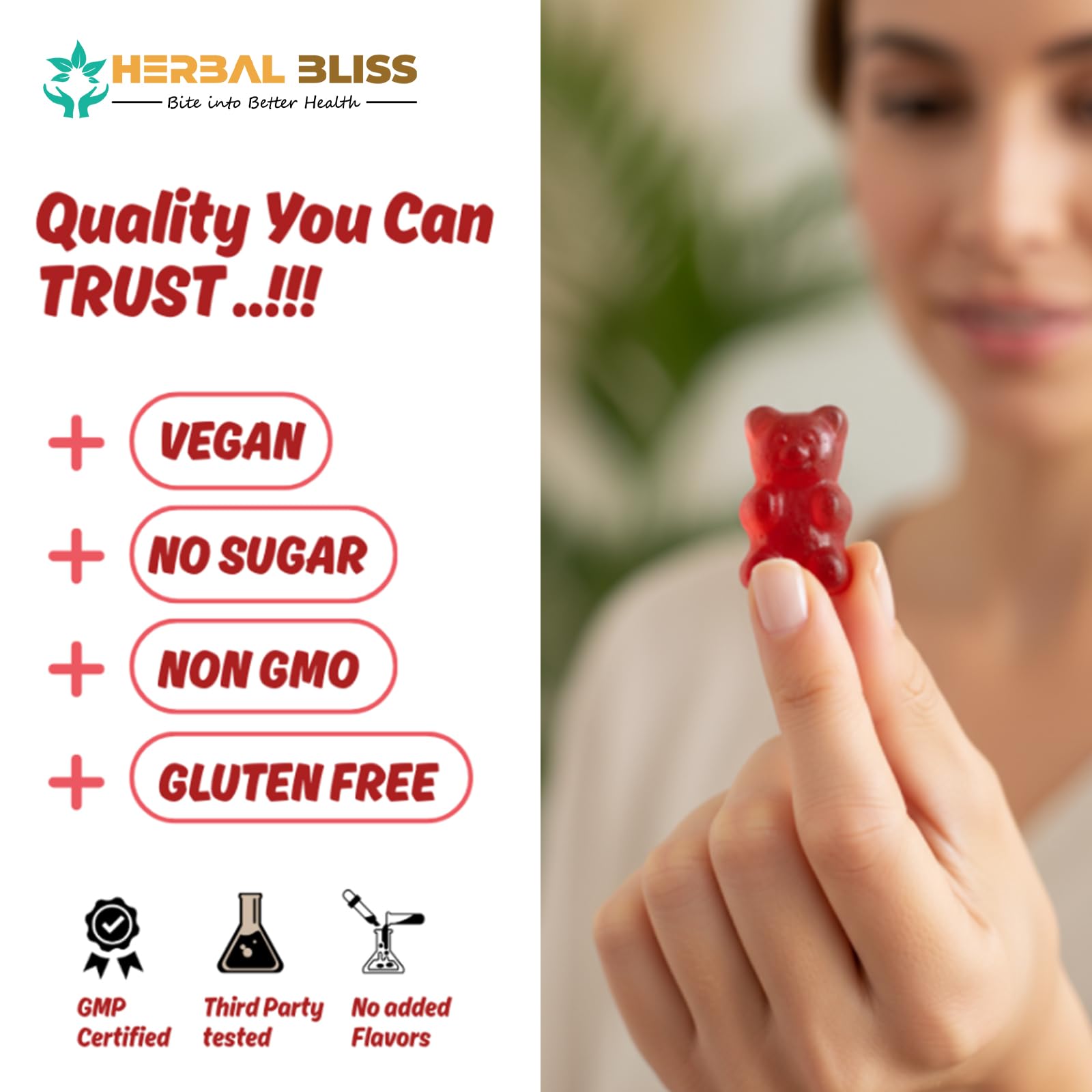 Tableau des ingrédients Herbal Bliss: vitamine C et zinc pour absorption potentielle.