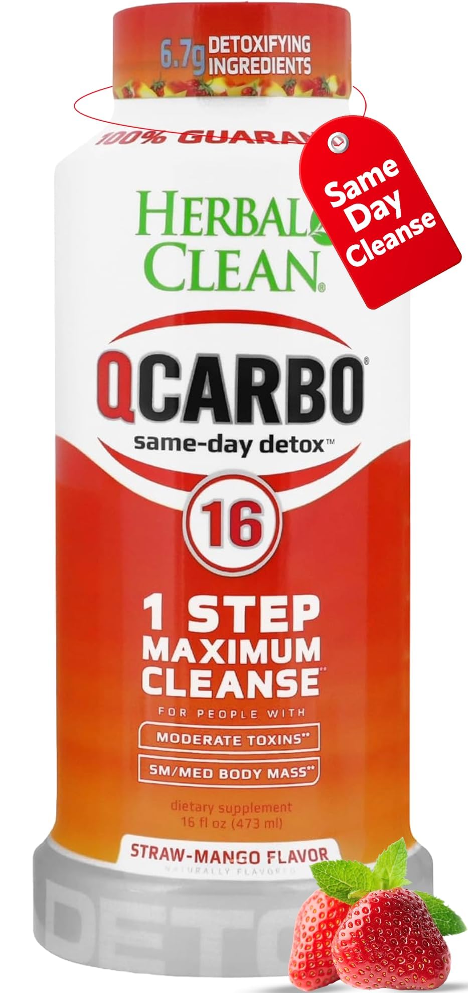 Herbal Clean Qcarbo16 – bouteille-détox fraise-mangue, soutien naturel au quotidien.