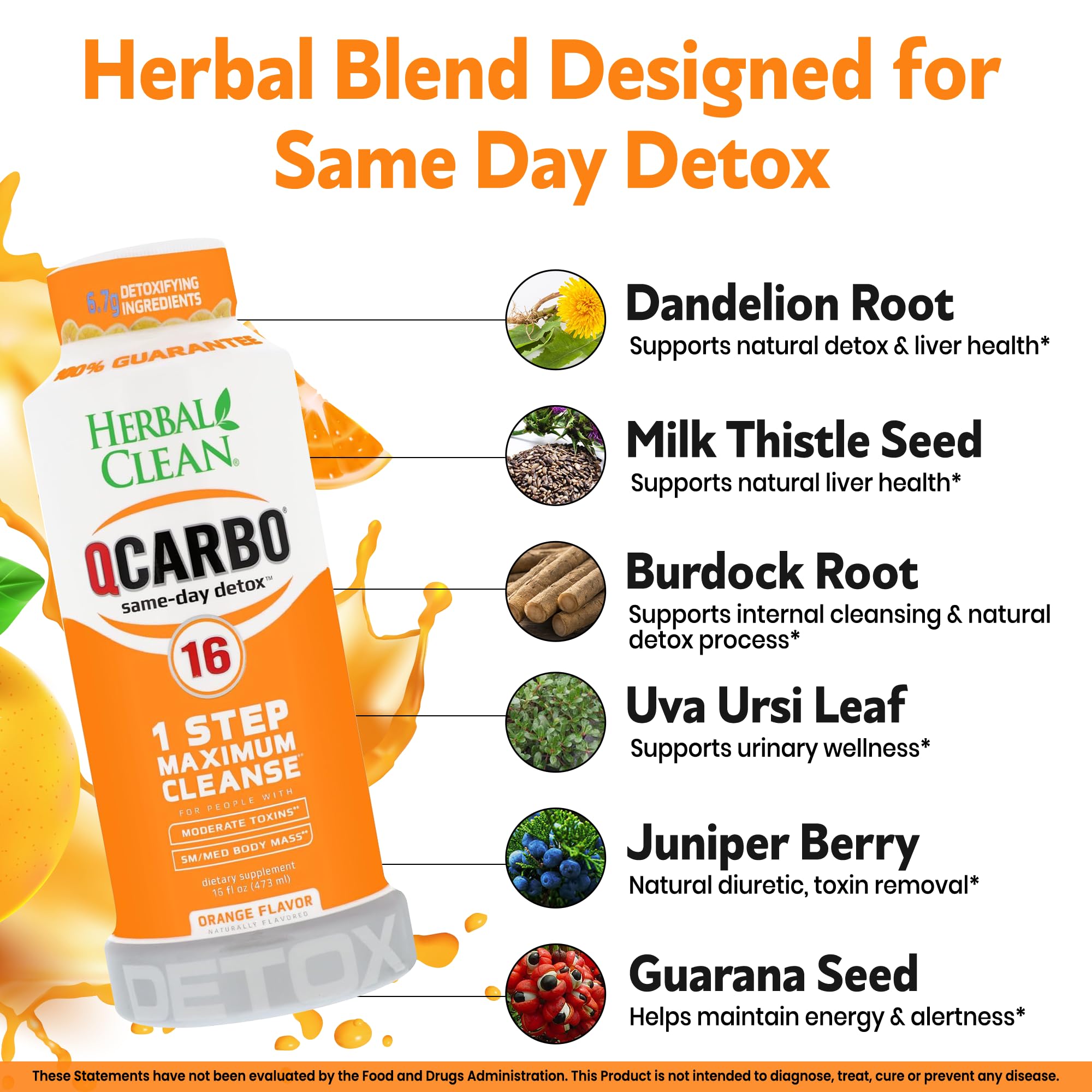 Herbal Clean Qcarbo16 étiquette du produit avec logo et ingrédients clés.