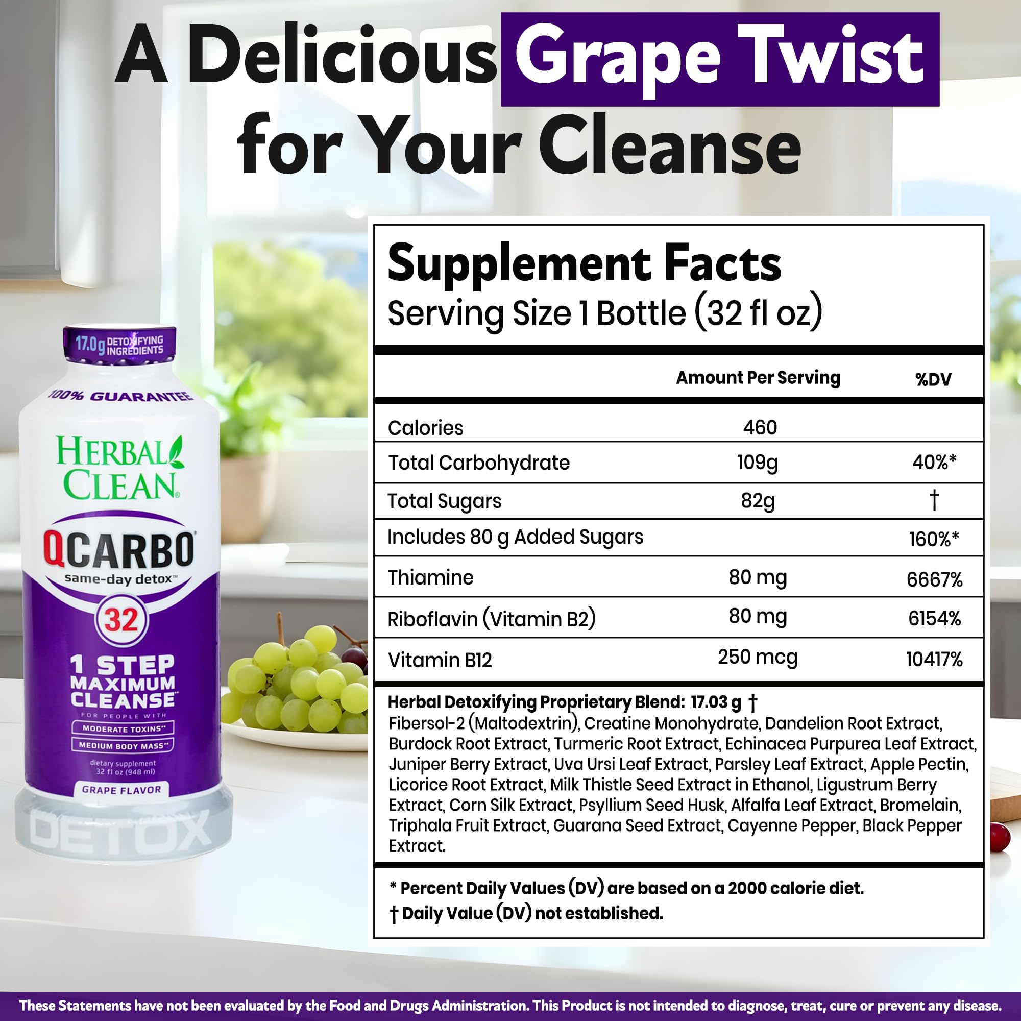 Herbal Clean Qcarbo32 – verre detox raisin prêt à consommer rapidement.