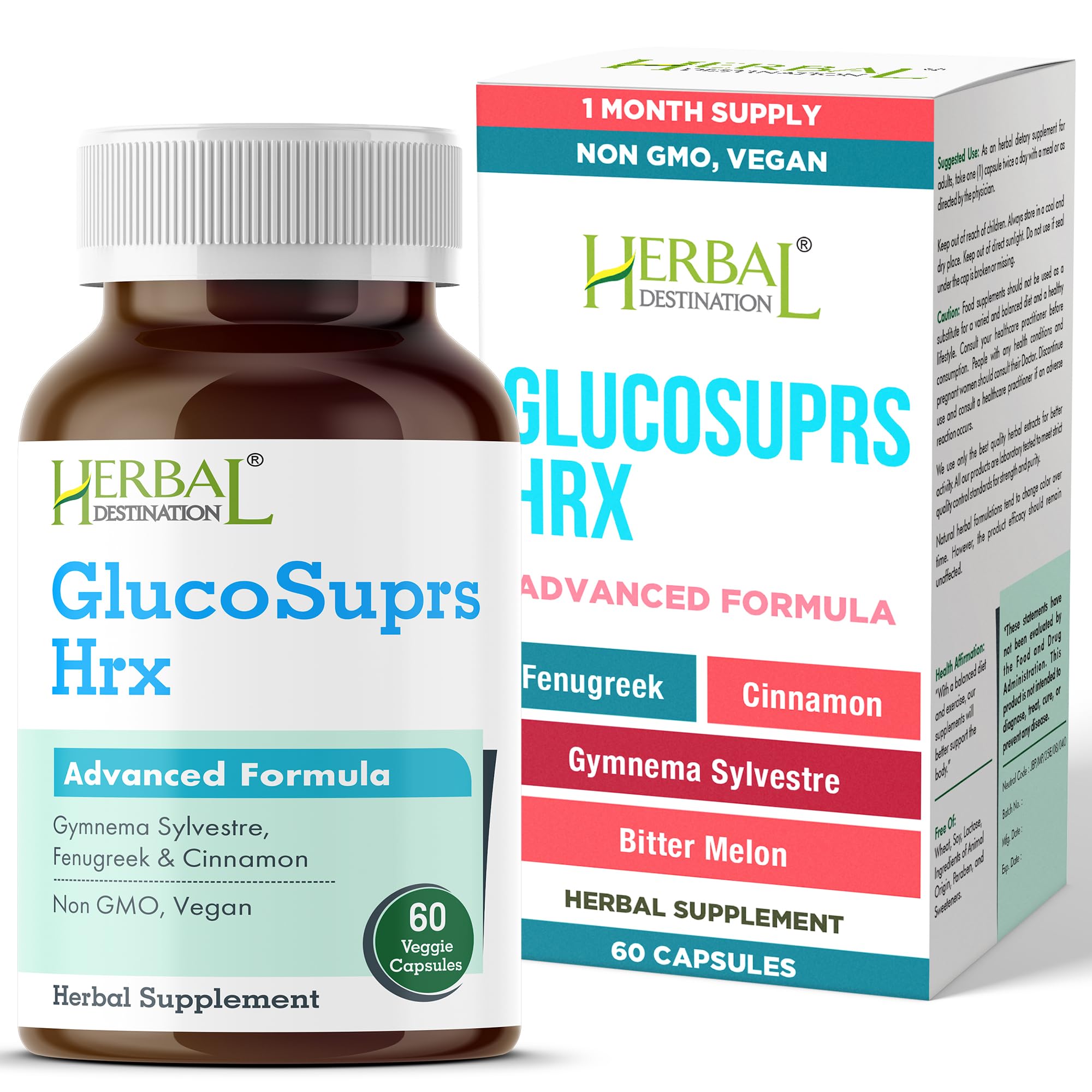 GlucoSuprs Hrx Herbal Destination – bouteille recto, soutien quotidien potentiel