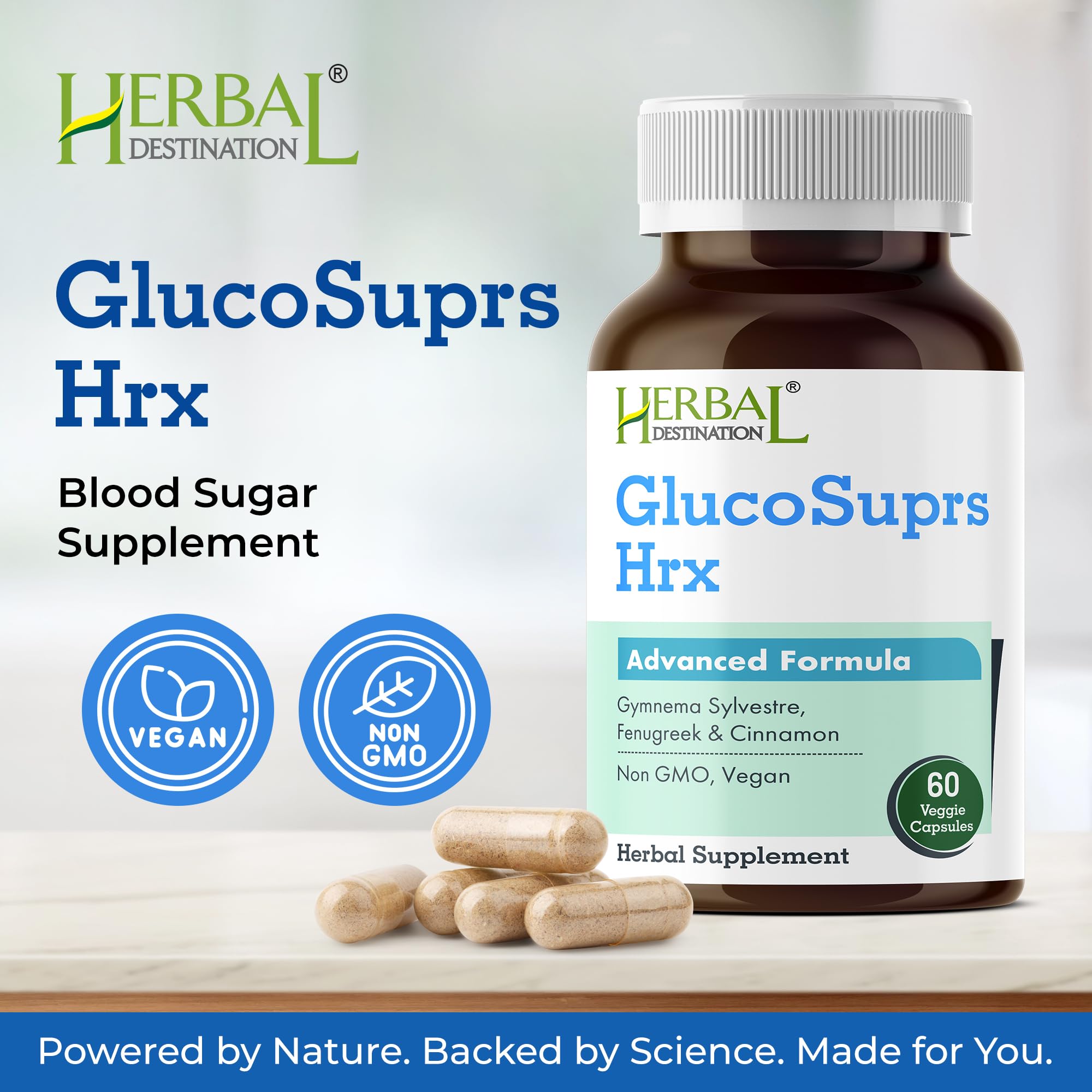 GlucoSuprs Hrx Herbal Destination – bouteille verso, informations claires sur la formule