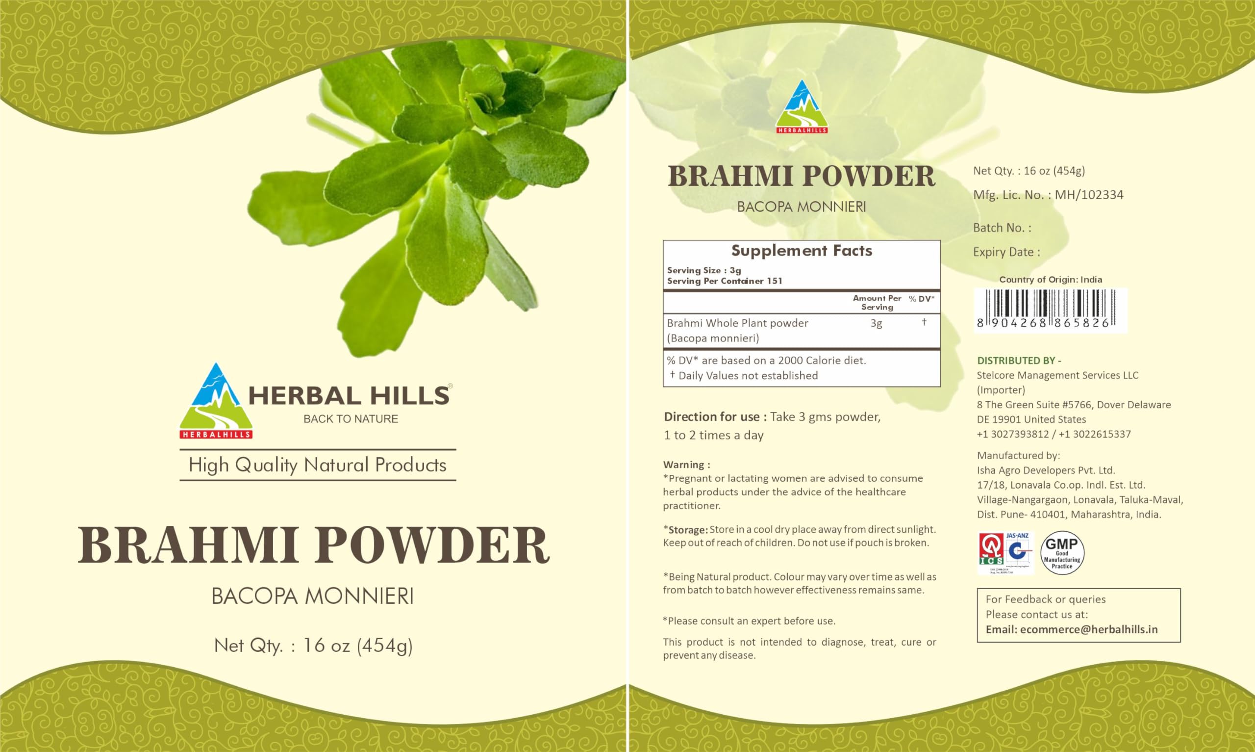Herbal Hills Brahmi poudre-thé: intégrée aux infusions pour une boisson aromatique et bien-être.
