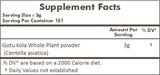 HERBAL HILLS Gotu Kola Powder — cuillère-dose et tableau des dosages pour mesurer facilement.