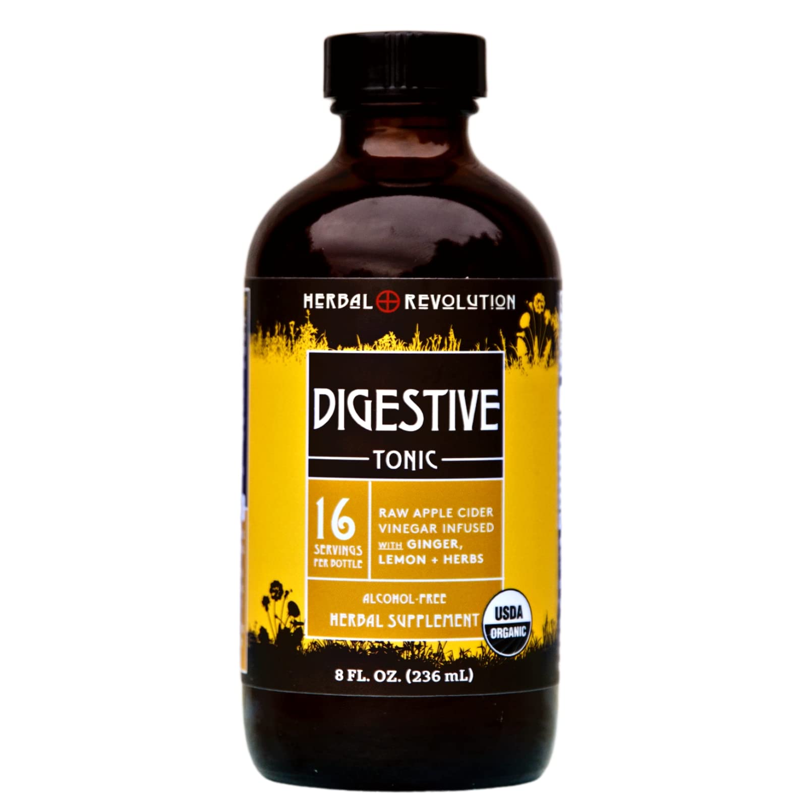 Tonique digestif Herbal Revolution en bouteille, prêt à diluer pour confort digestif.