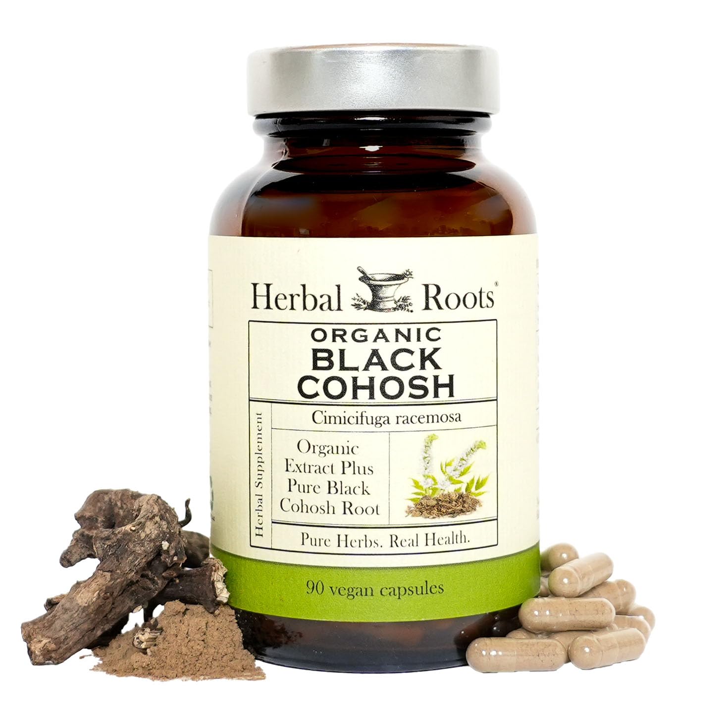 Herbal Roots Actée à Grappes Noires – bouteille de gélules véganes, potentiel soutien ménopause.
