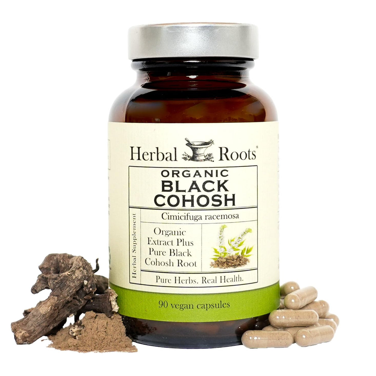 Herbal Roots Actée à Grappes Noires – bouteille de gélules véganes, potentiel soutien ménopause.