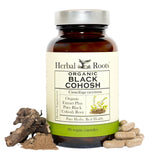 Herbal Roots Actée à Grappes Noires – bouteille de gélules véganes, potentiel soutien ménopause.