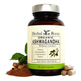 Herbal Roots Ashwagandha: bouteille de capsules pour l'énergie et le bien-être.