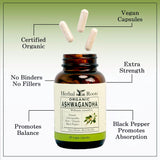Herbal Roots Ashwagandha: étiquette claire indiquant énergie et calme potentiels.