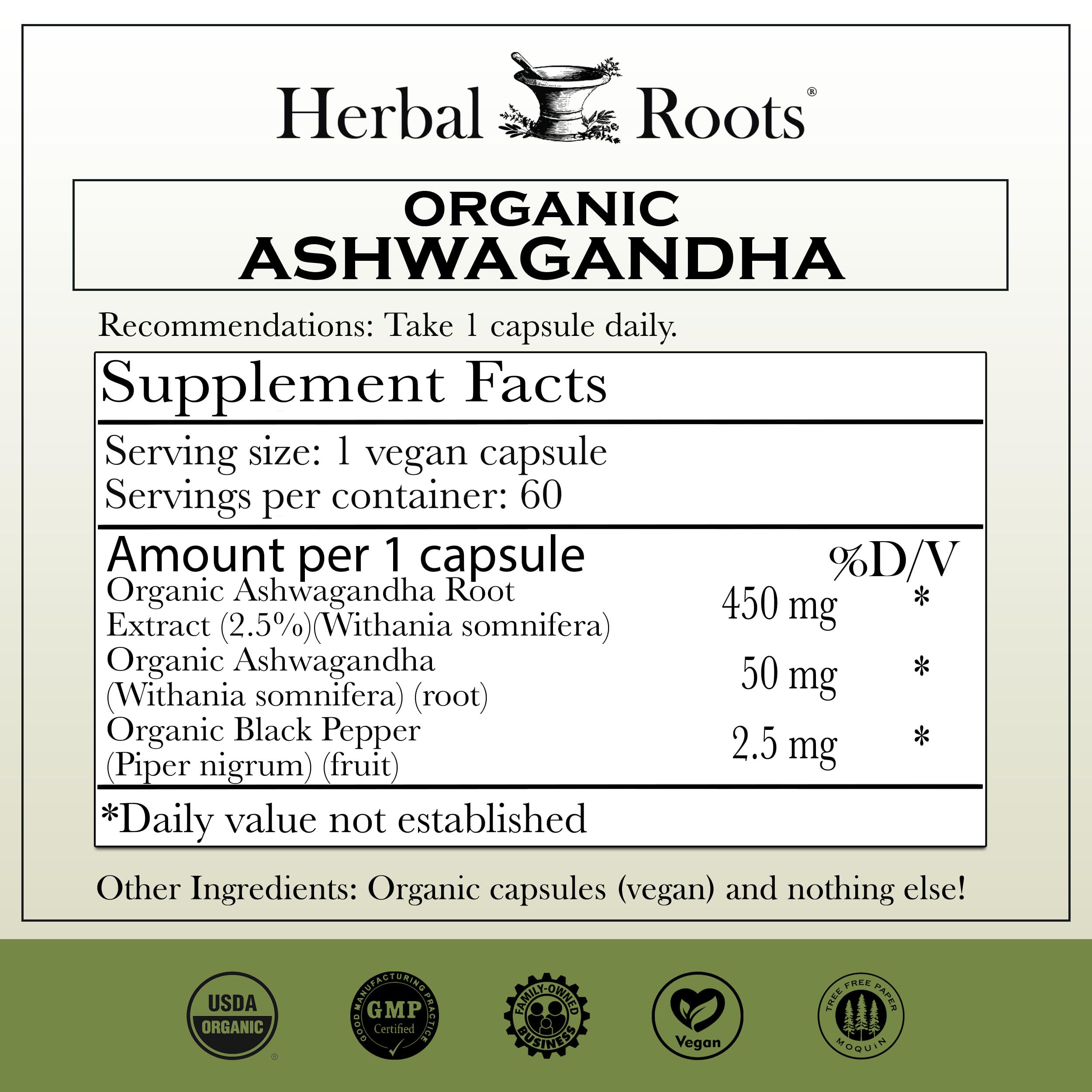 Herbal Roots Ashwagandha: emballage clair avec étiquette indiquant énergie et vitalité potentielles.