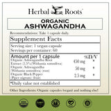 Herbal Roots Ashwagandha: emballage clair avec étiquette indiquant énergie et vitalité potentielles.