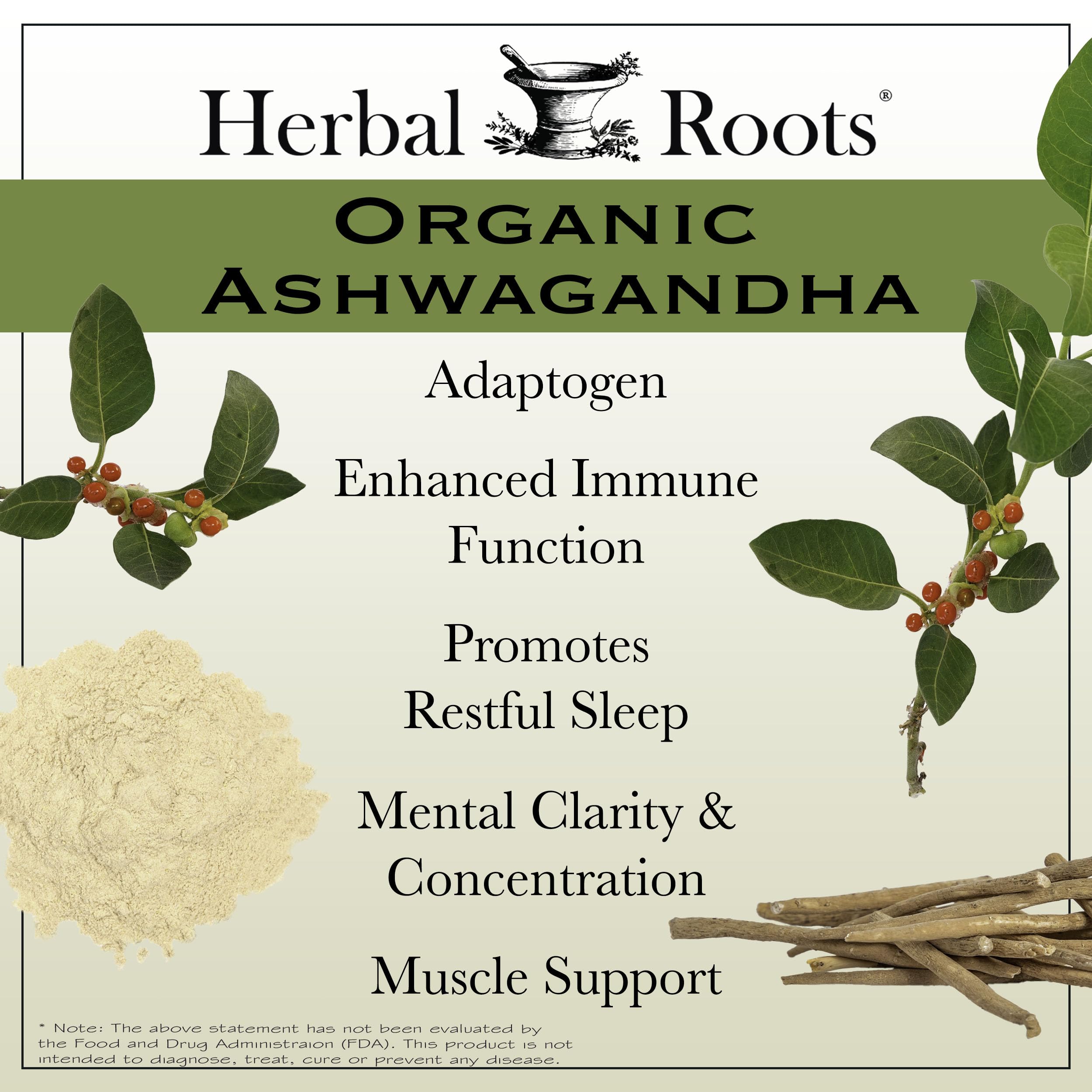 Herbal Roots Ashwagandha: capsules visibles, soutien potentiel au sommeil.