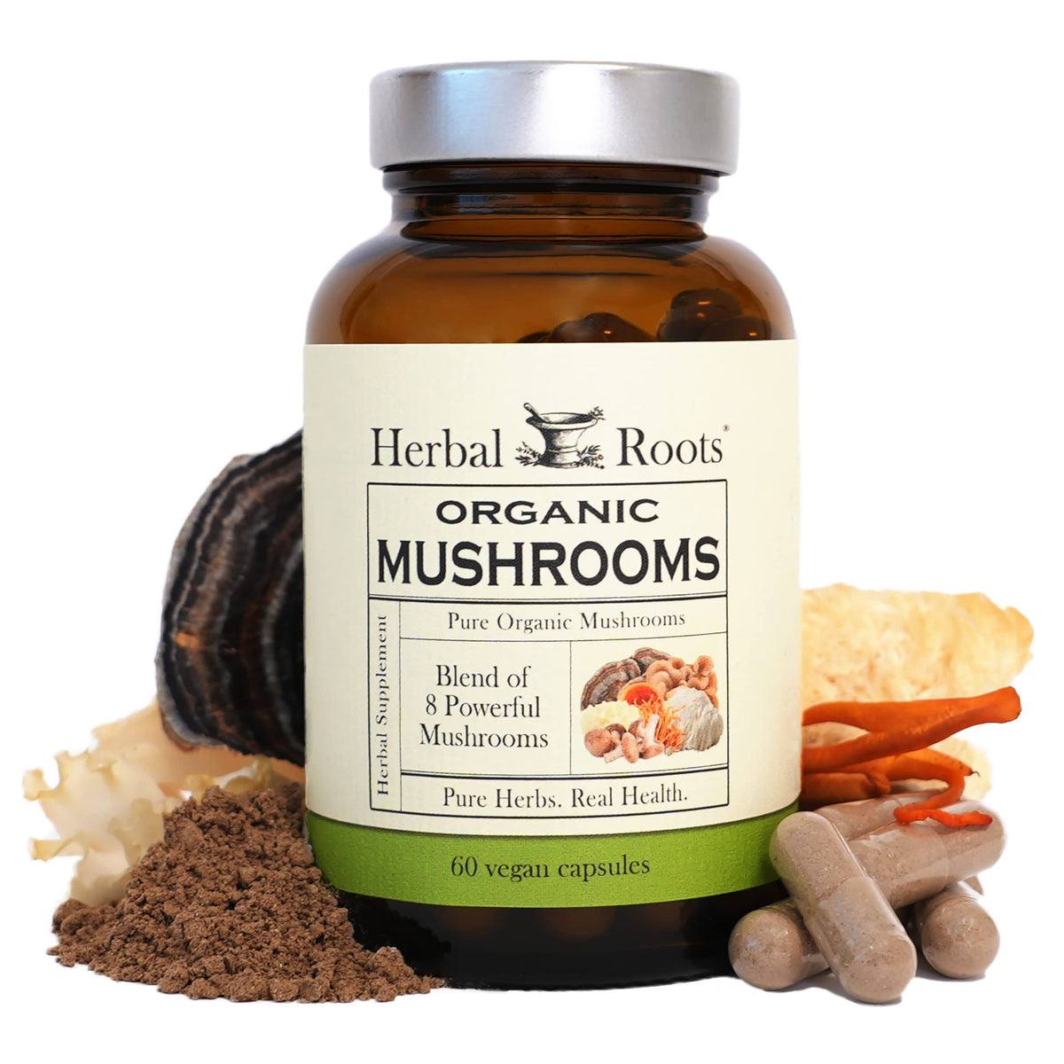 Herbal Roots boîte compléments 8 champignons soutien potentiel au bien-être quotidien.