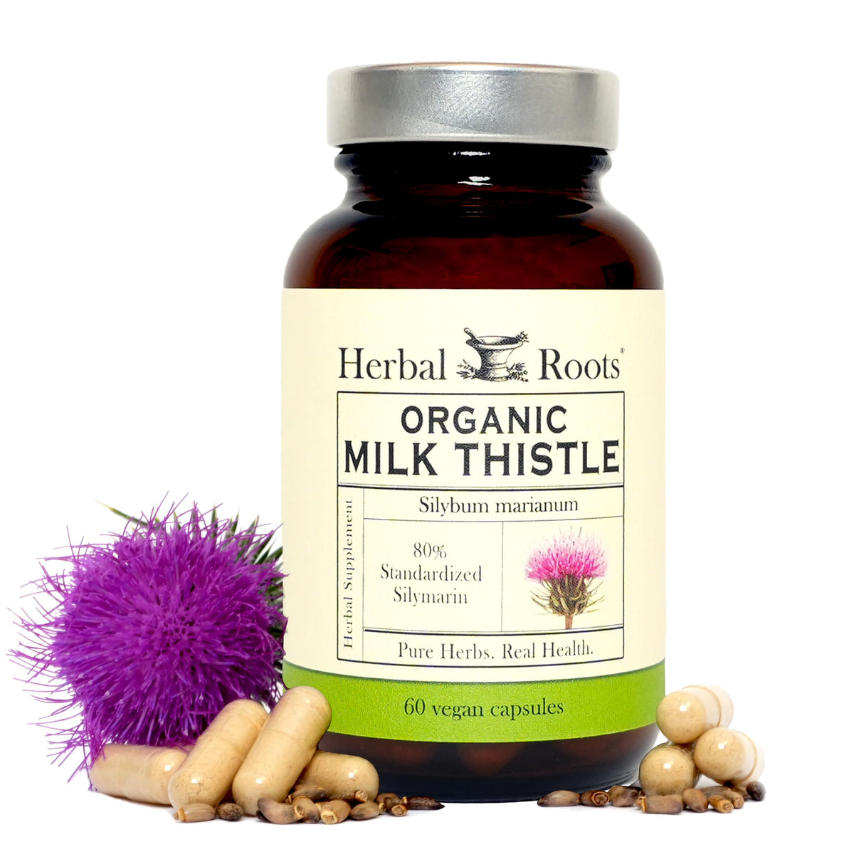 Herbal Roots chardon-Marie, bouteille avec gélules pour soutien potentiel du foie.