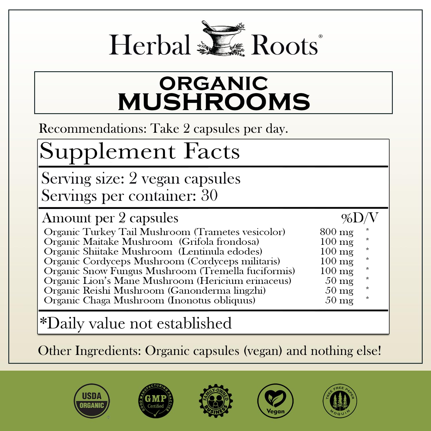 Capsules végétales Herbal Roots mélange 8 champignons apport potentiel pour l'immunité.
