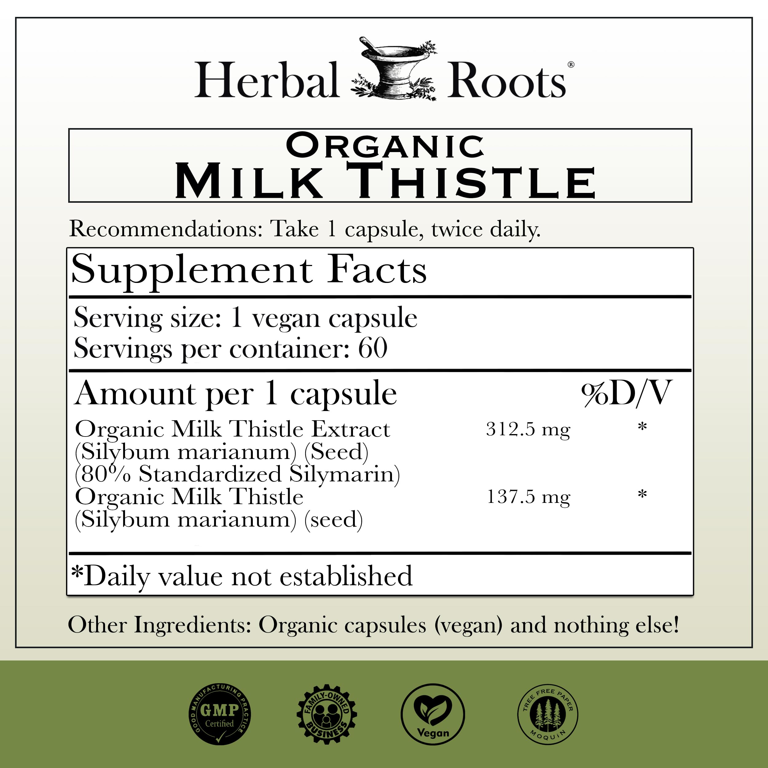 Herbal Roots chardon-Marie, gélules visibles, aide potentielle à la digestion.