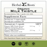 Herbal Roots chardon-Marie, gélules visibles, aide potentielle à la digestion.