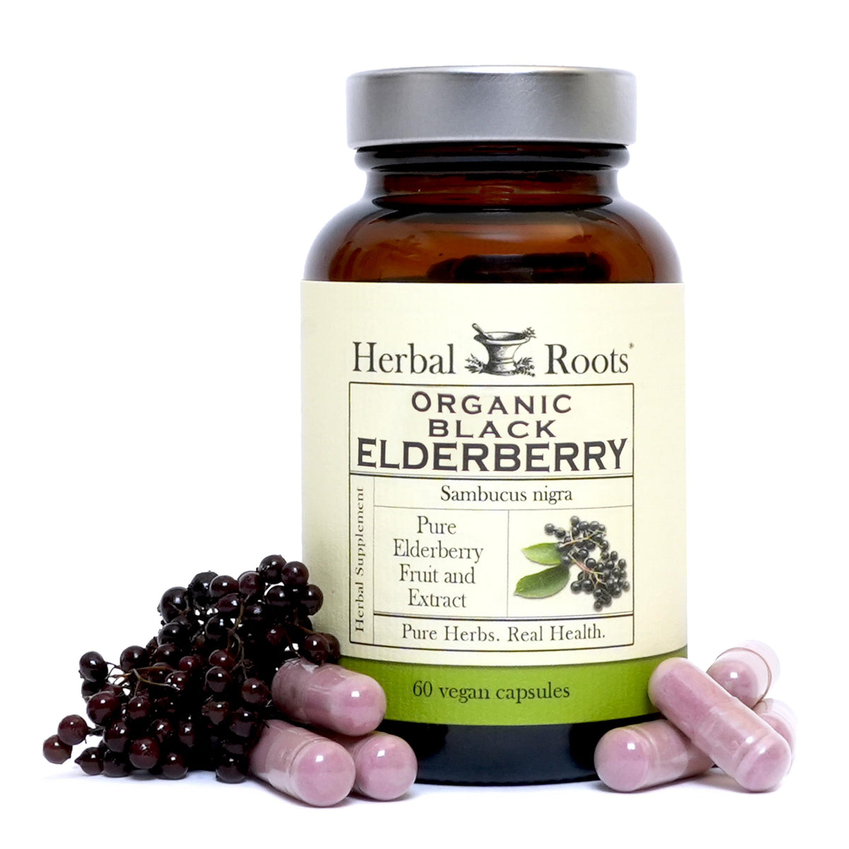 Bouteille Herbal Roots de gélules au sureau noir, soutien quotidien potentiel.