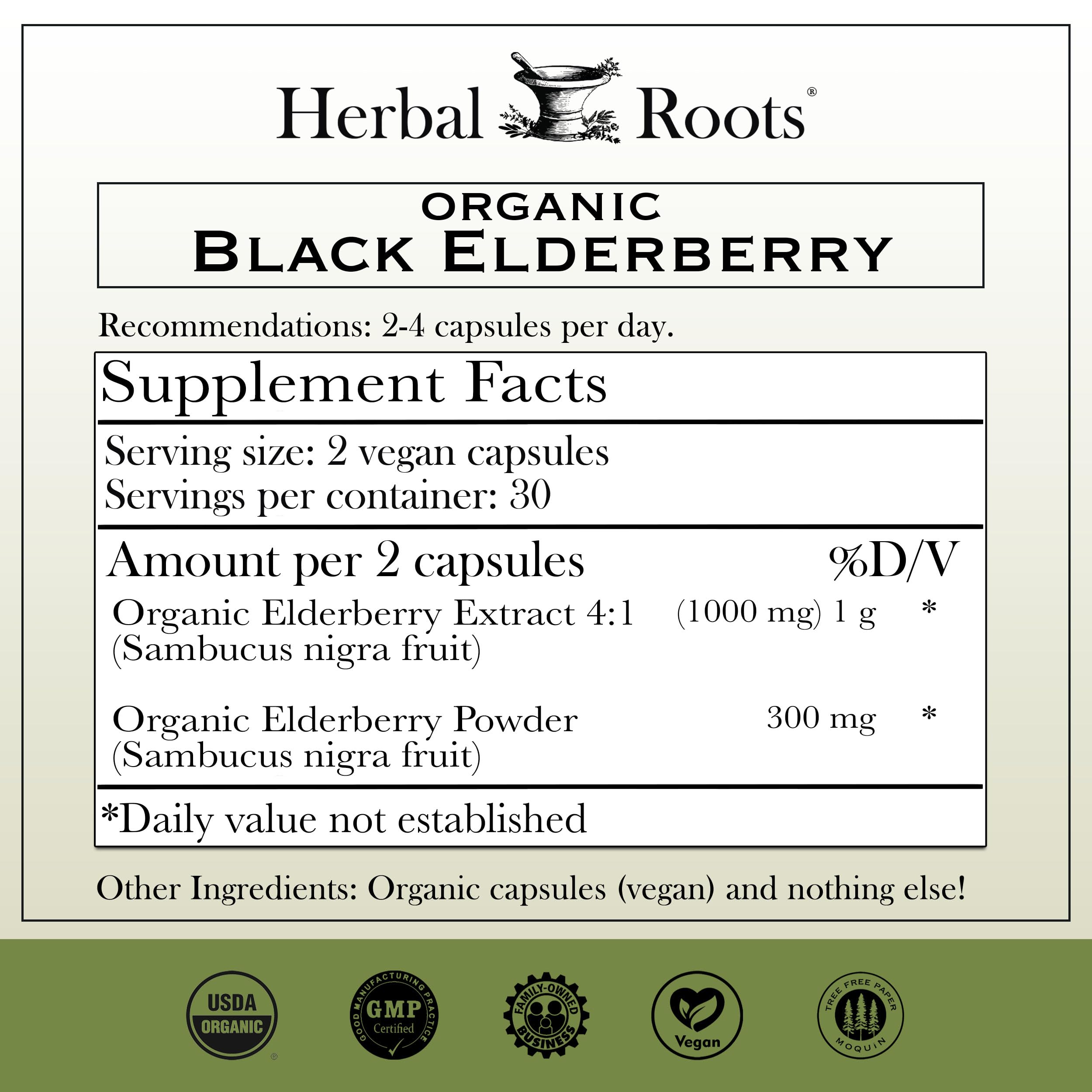 Étiquette claire Herbal Roots sur la bouteille avec design naturel.