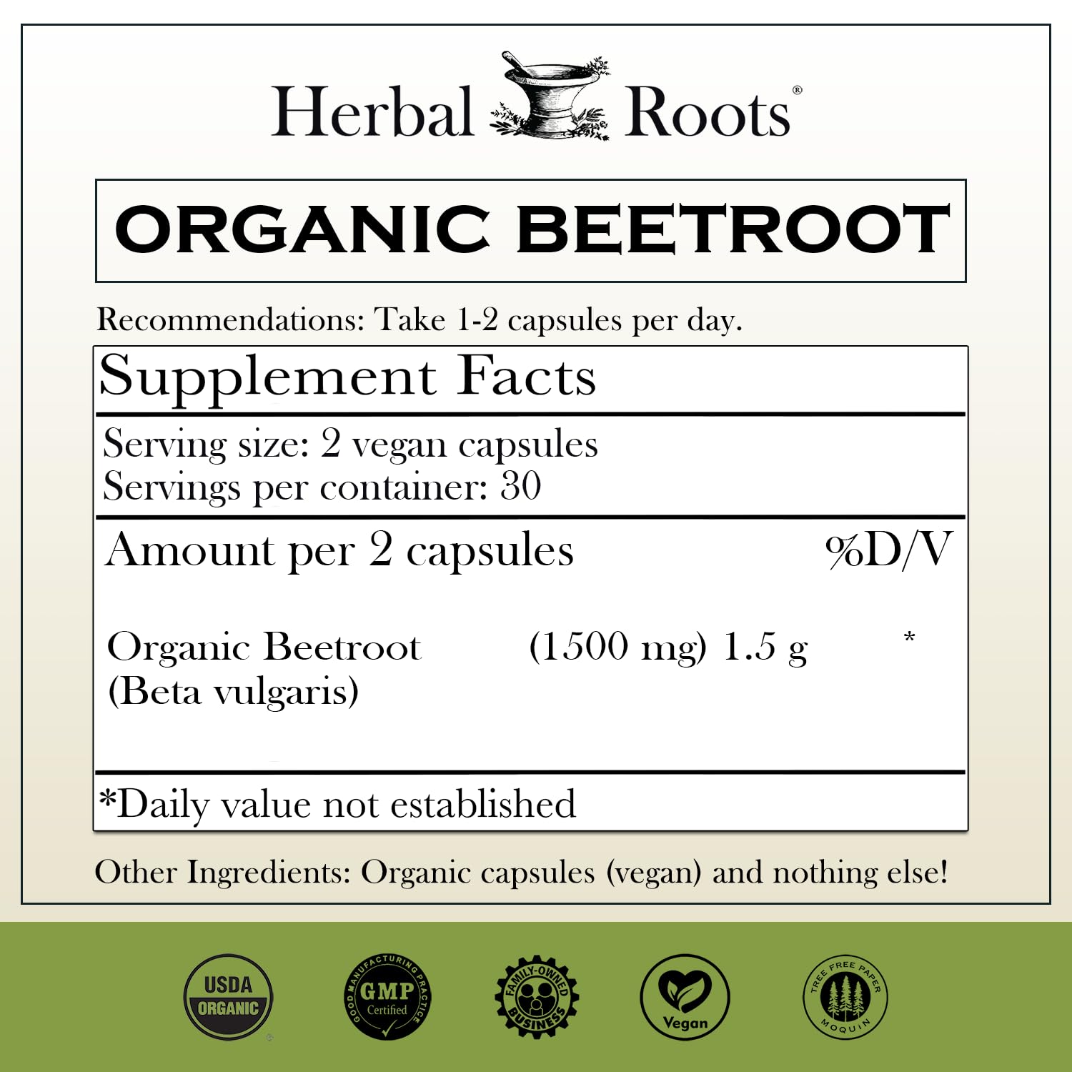 Herbal Roots — étiquette sur la bouteille indiquant betterave biologique et vegan