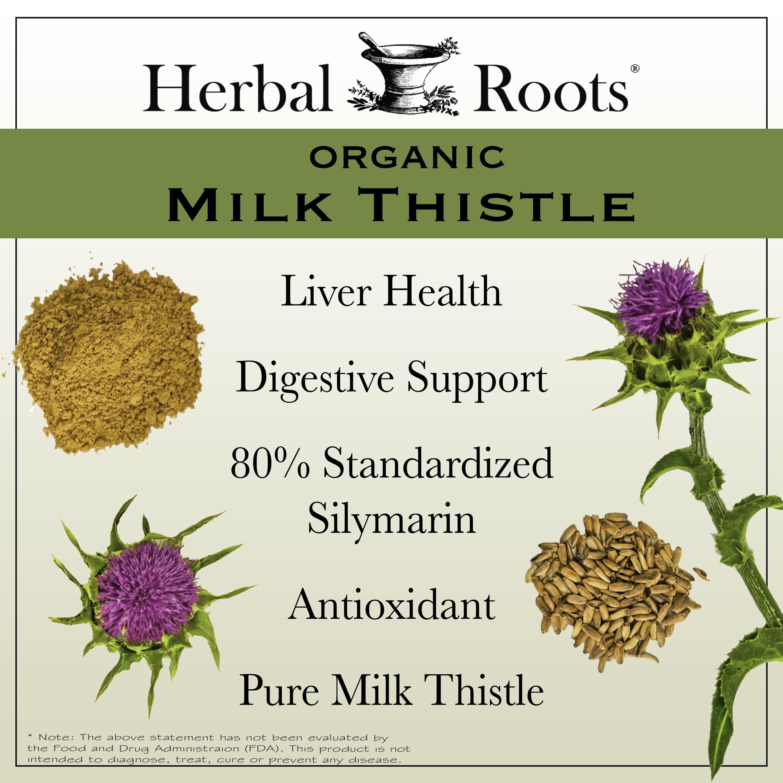 Étiquette Herbal Roots chardon-Marie, preuve de pureté et absence d’additifs.
