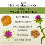 Étiquette Herbal Roots chardon-Marie, preuve de pureté et absence d’additifs.