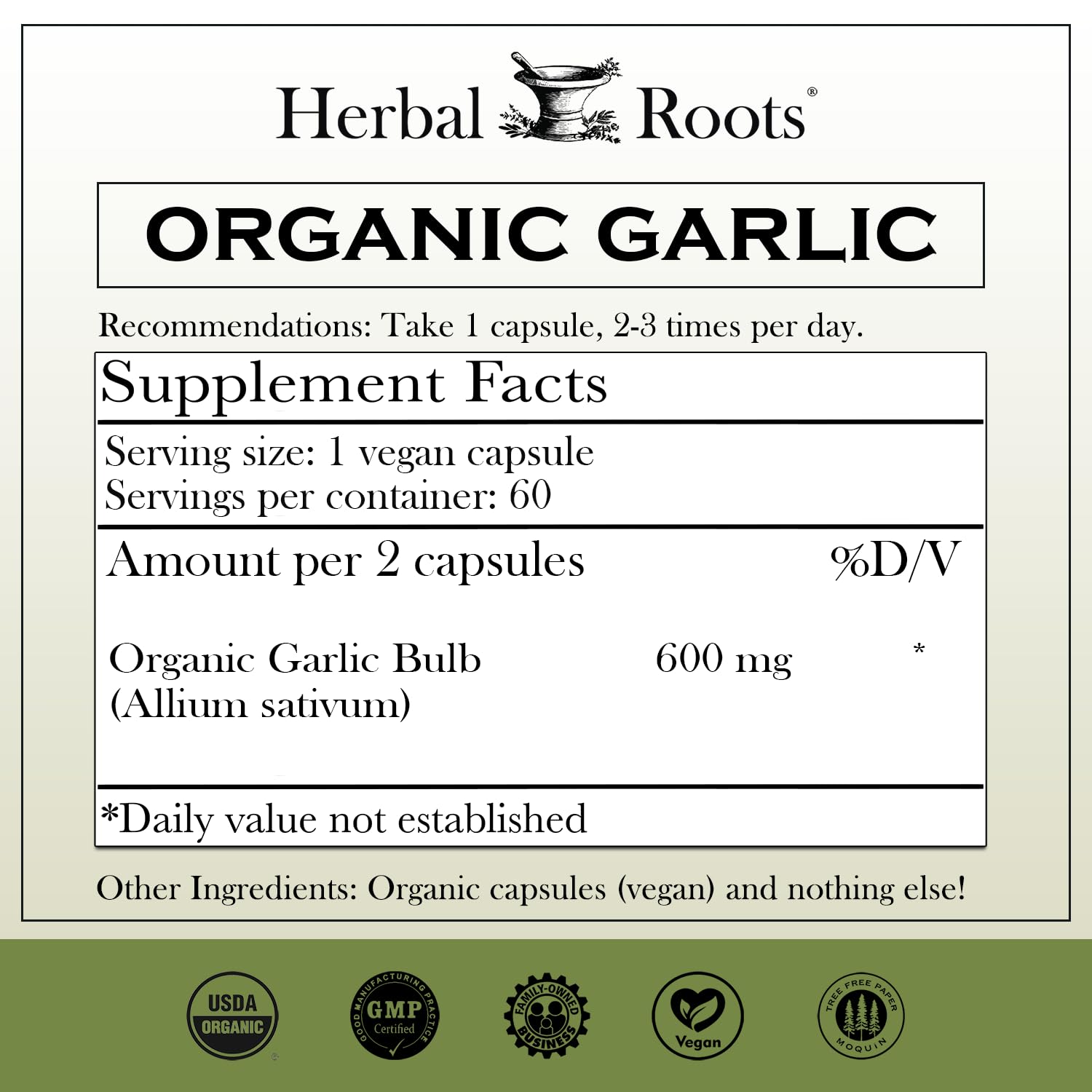Herbal Roots pilules ail bio 600 mg, format pratique pour la routine.