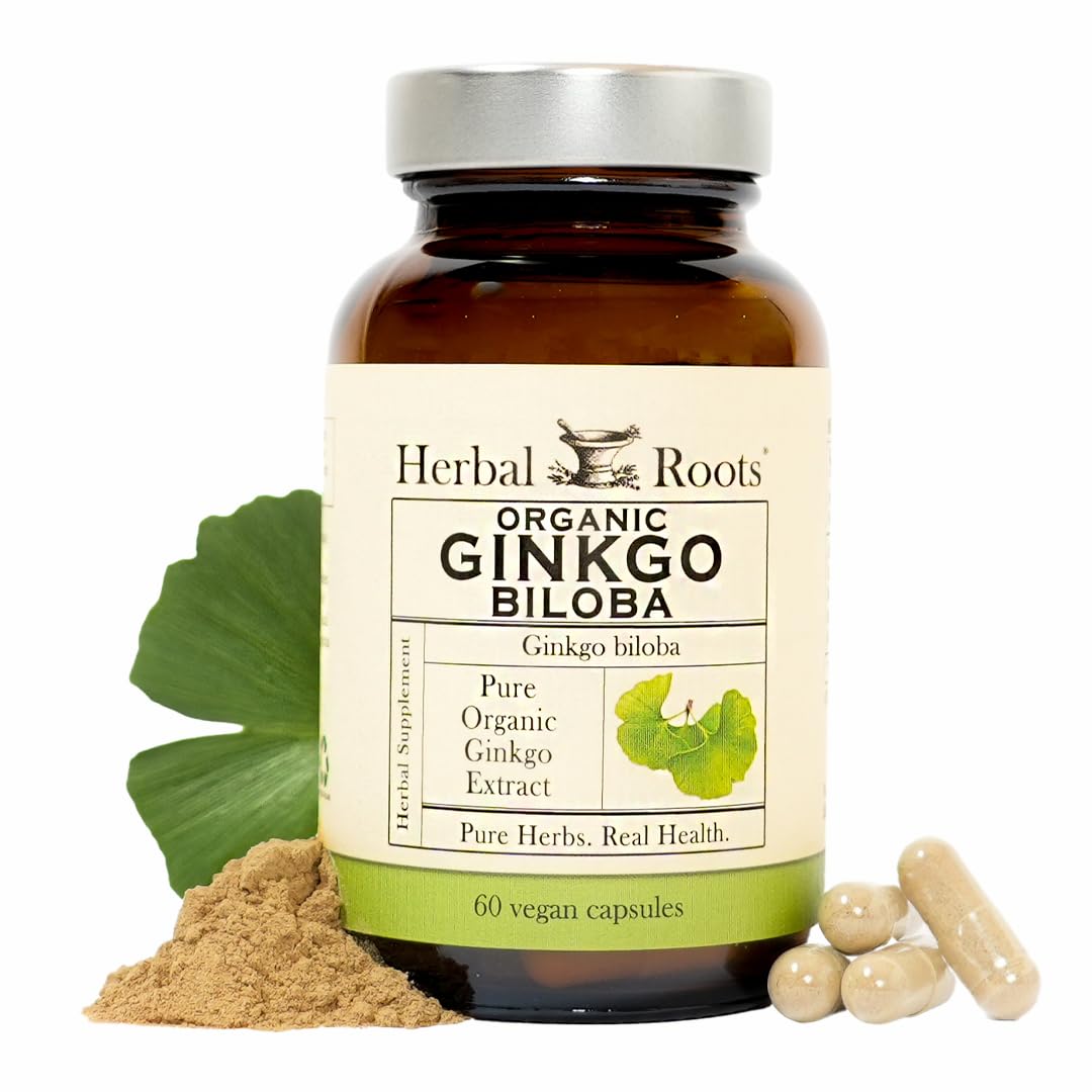Herbal Roots Ginkgo Biloba Bio - bouteille et gélules véganes, soutien potentiel de concentration.
