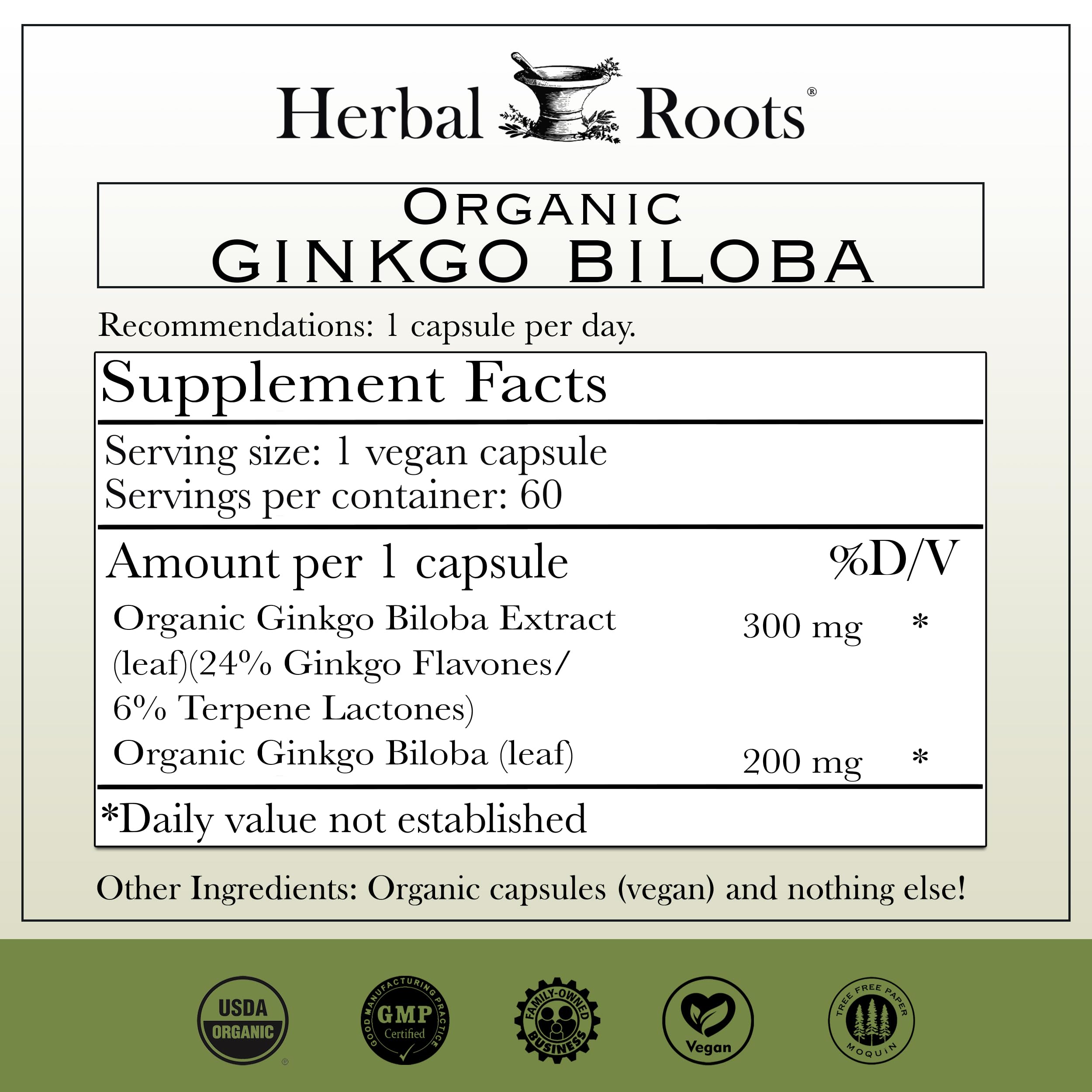 Herbal Roots Ginkgo Biloba Bio - feuilles et extrait pur, source naturelle pour la clarté mentale.