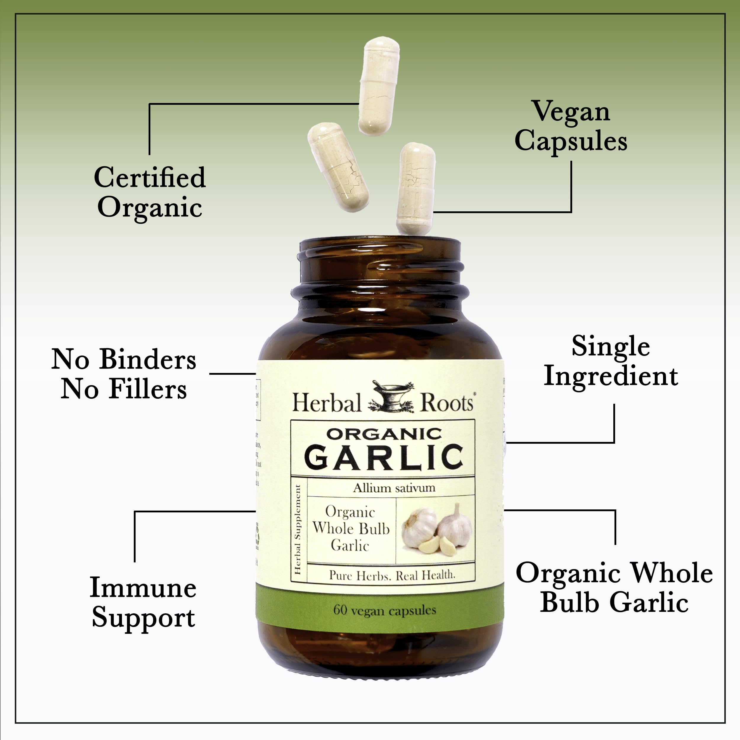 Herbal Roots étiquette bio claire sur pilules d ail sans additifs.
