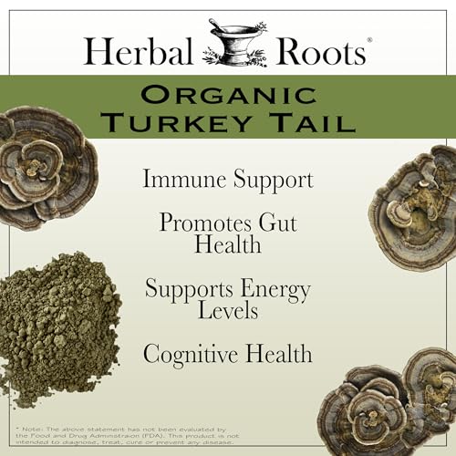 Étiquette biologique Herbal Roots queue-de-dinde, certification et pureté visibles.