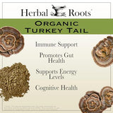 Étiquette biologique Herbal Roots queue-de-dinde, certification et pureté visibles.