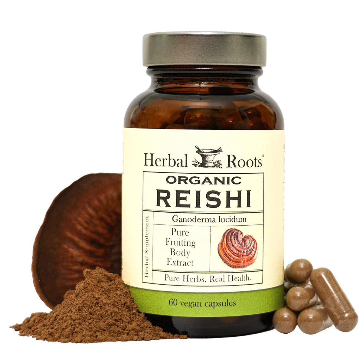Capsules Herbal Roots Reishi: bouteille élégante, énergie durable et vitalité au quotidien.