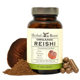 Capsules Herbal Roots Reishi: bouteille élégante, énergie durable et vitalité au quotidien.