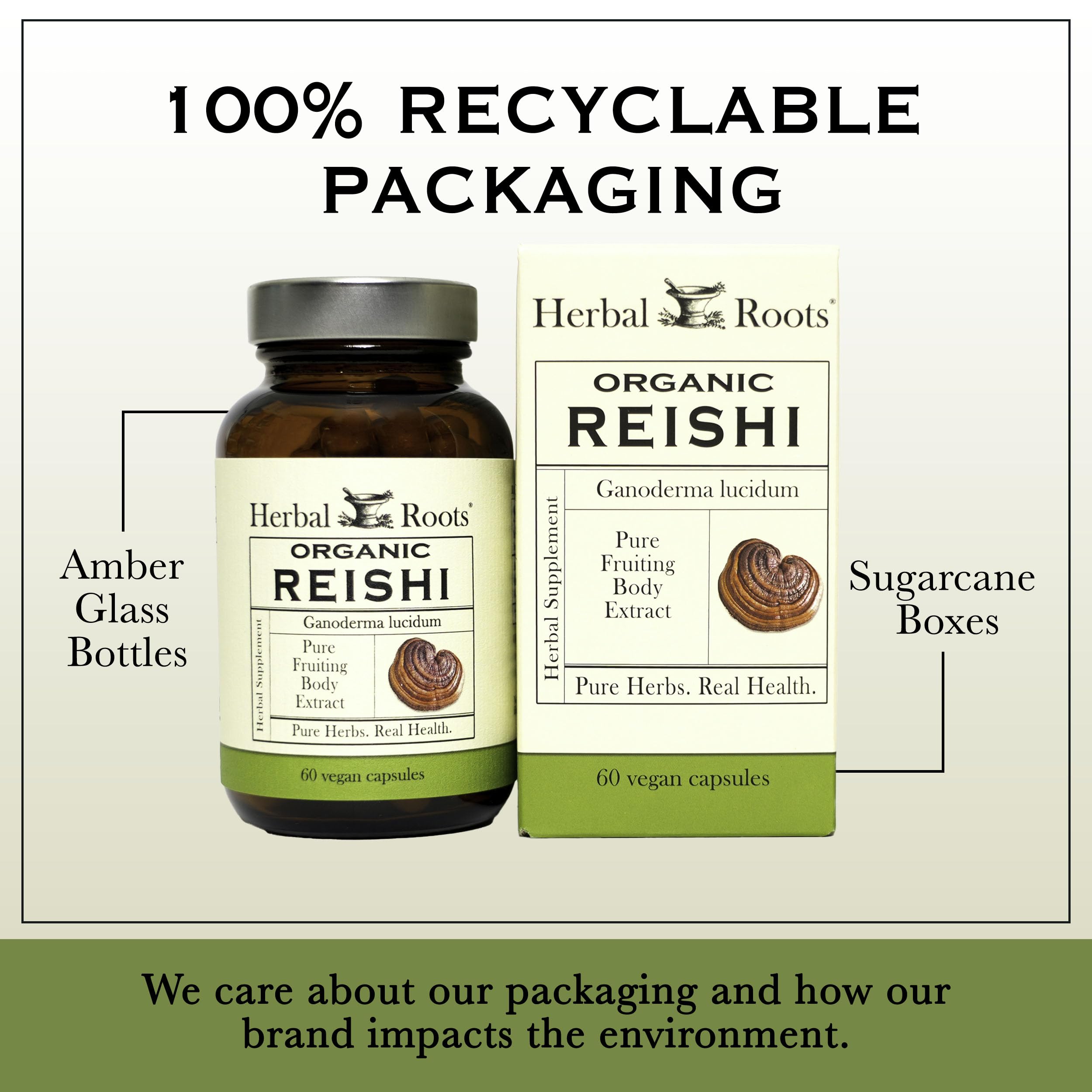 Étiquette bio USDA et pureté sans additifs avec Herbal Roots Reishi.
