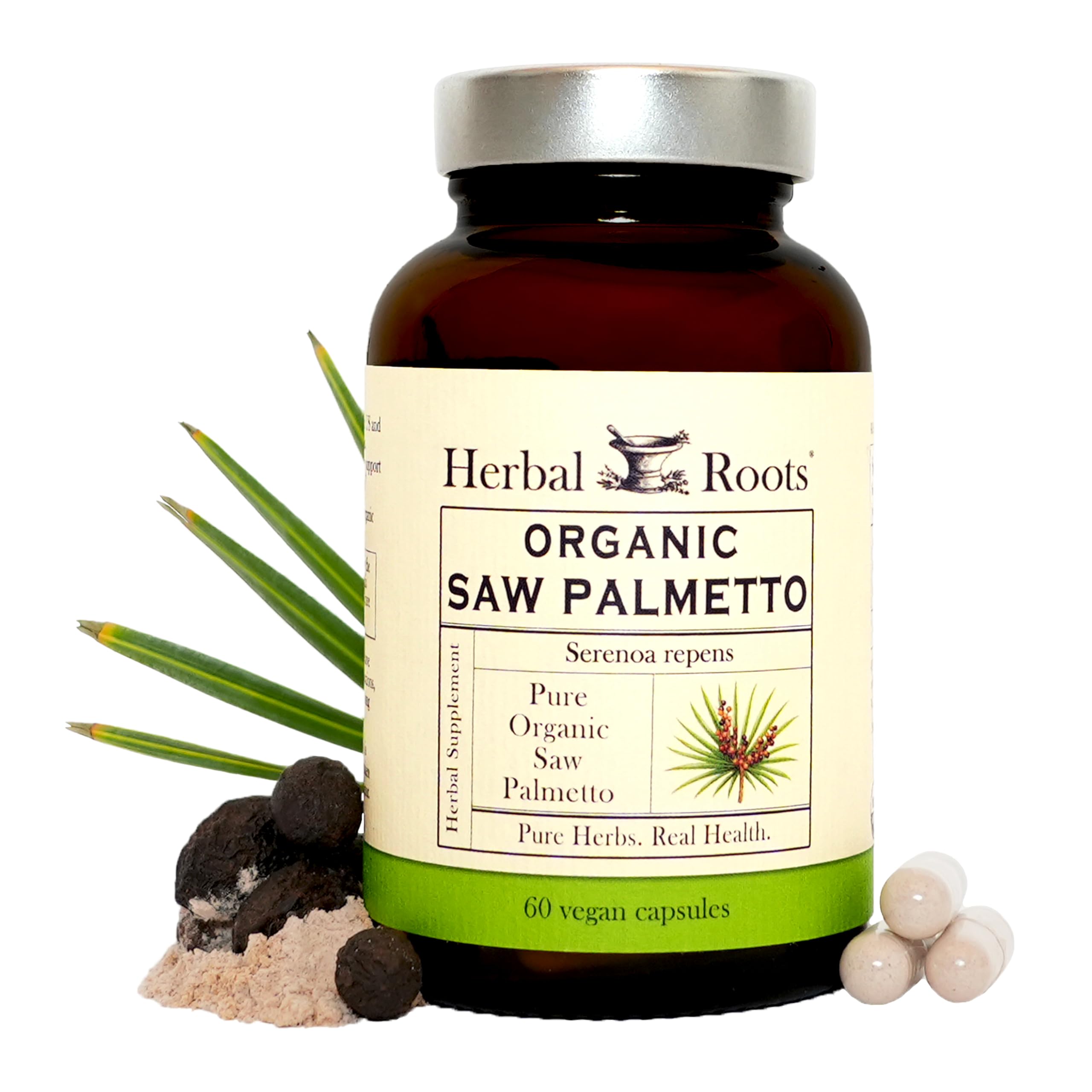 Herbal Roots Saw Palmetto: bouteille dosage pour usage quotidien.