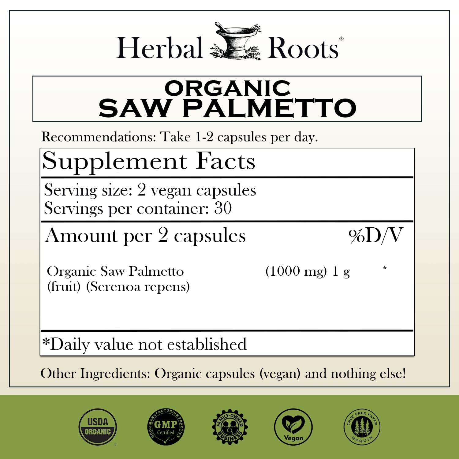 Herbal Roots Saw Palmetto: ingrédients biologiques pour une routine naturelle.
