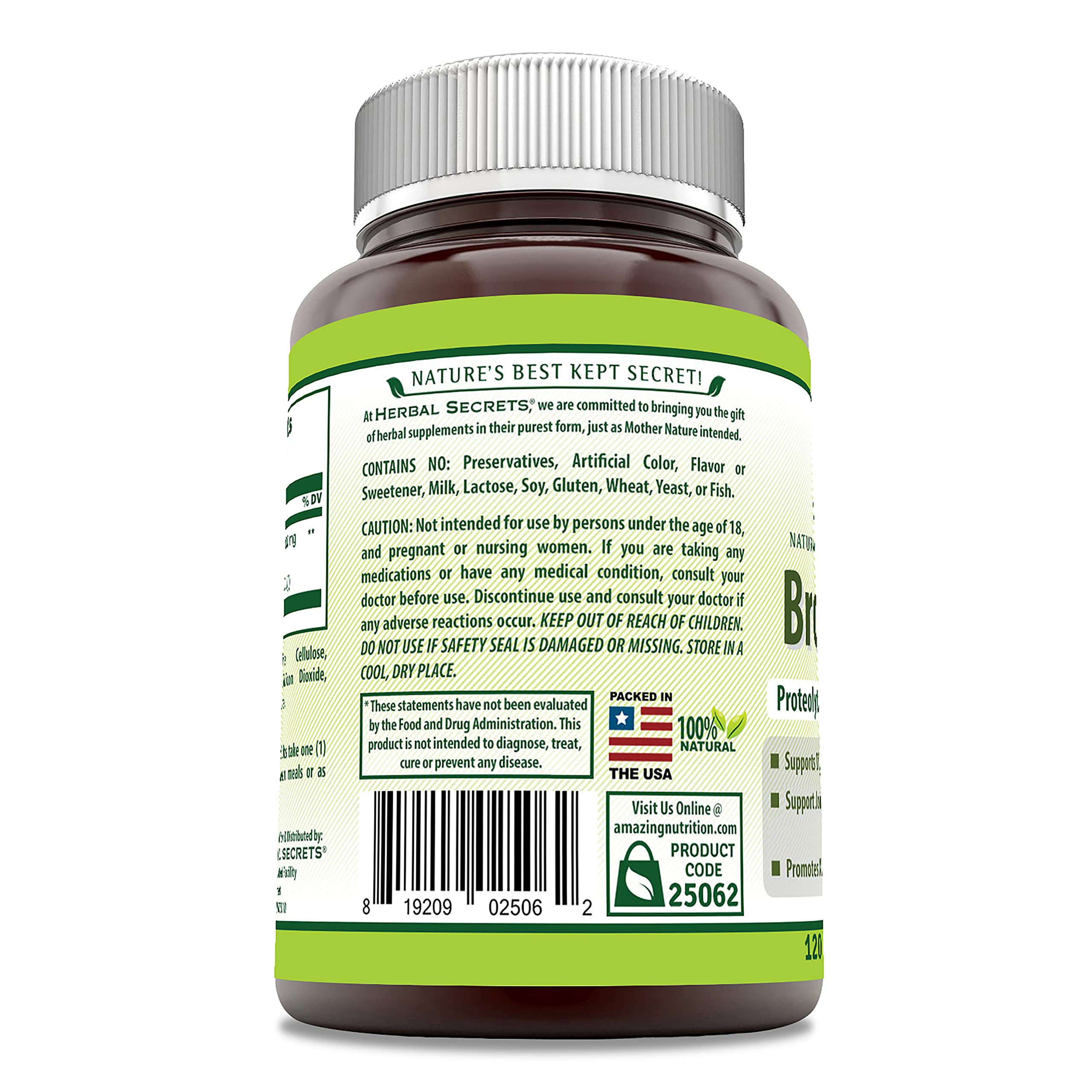 Flacon Bromélaïne Herbal Secrets, 120 comprimés, pureté et qualité garanties.