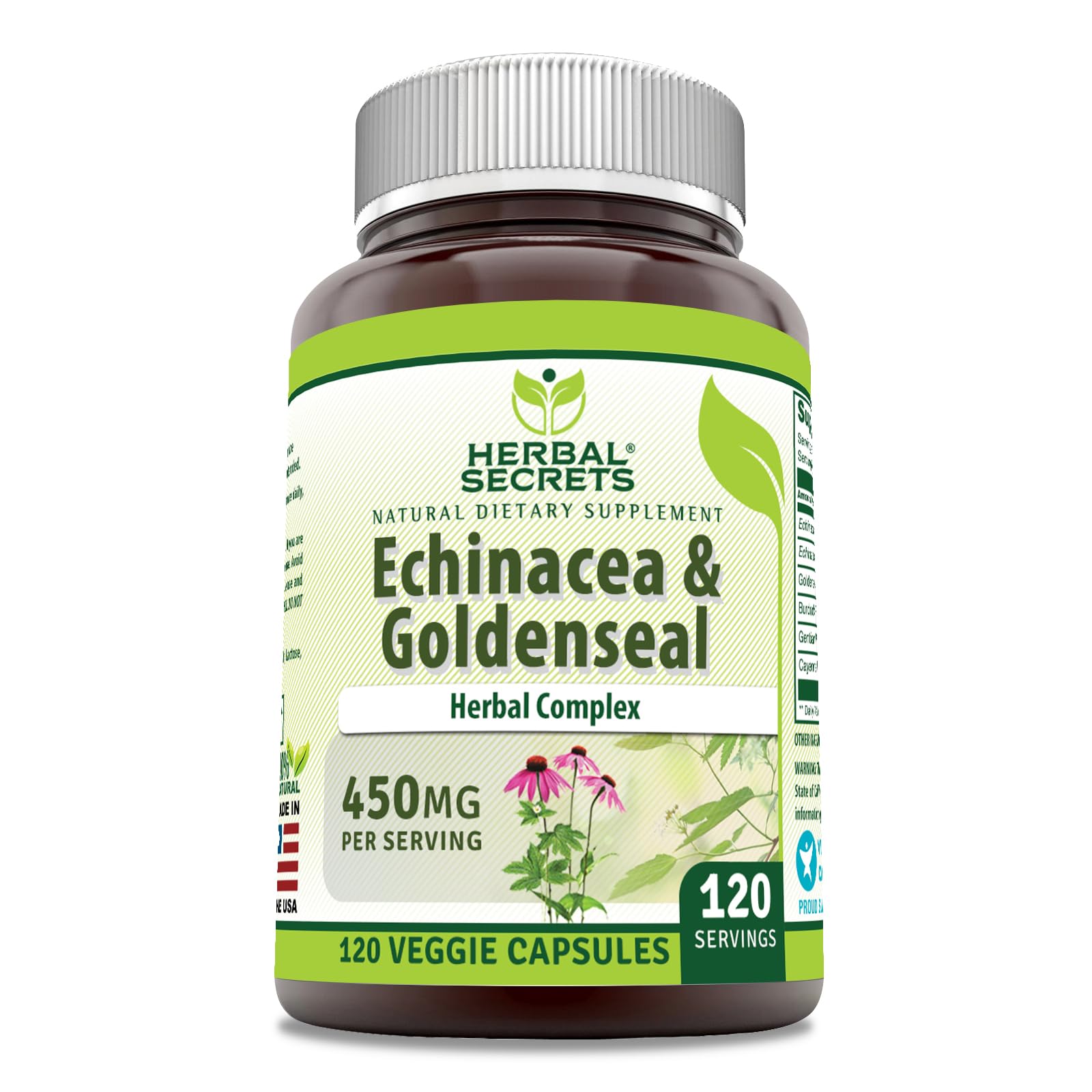 Bouteille Herbal Secrets Echinacea et Goldenseal, présentation pratique pour usage quotidien.