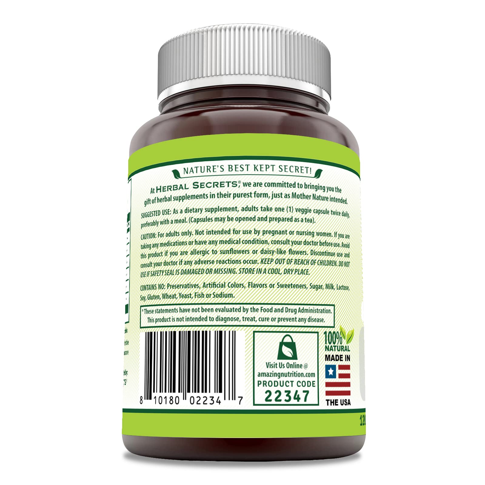 Étiquette Herbal Secrets indiquant sans gluten et non-OGM, transparence qualité.