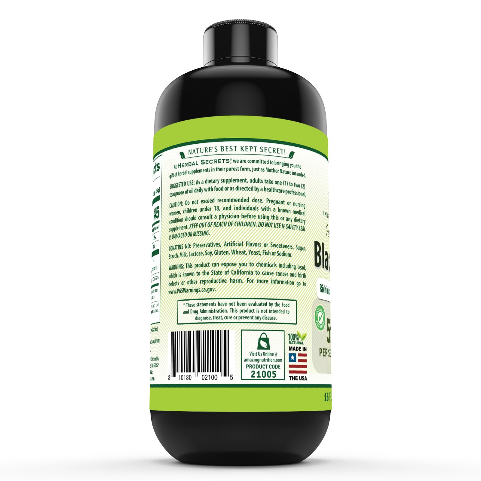 Herbal Secrets huile de nigelle — emballage: produit fabriqué aux États-Unis avec pureté garantie.