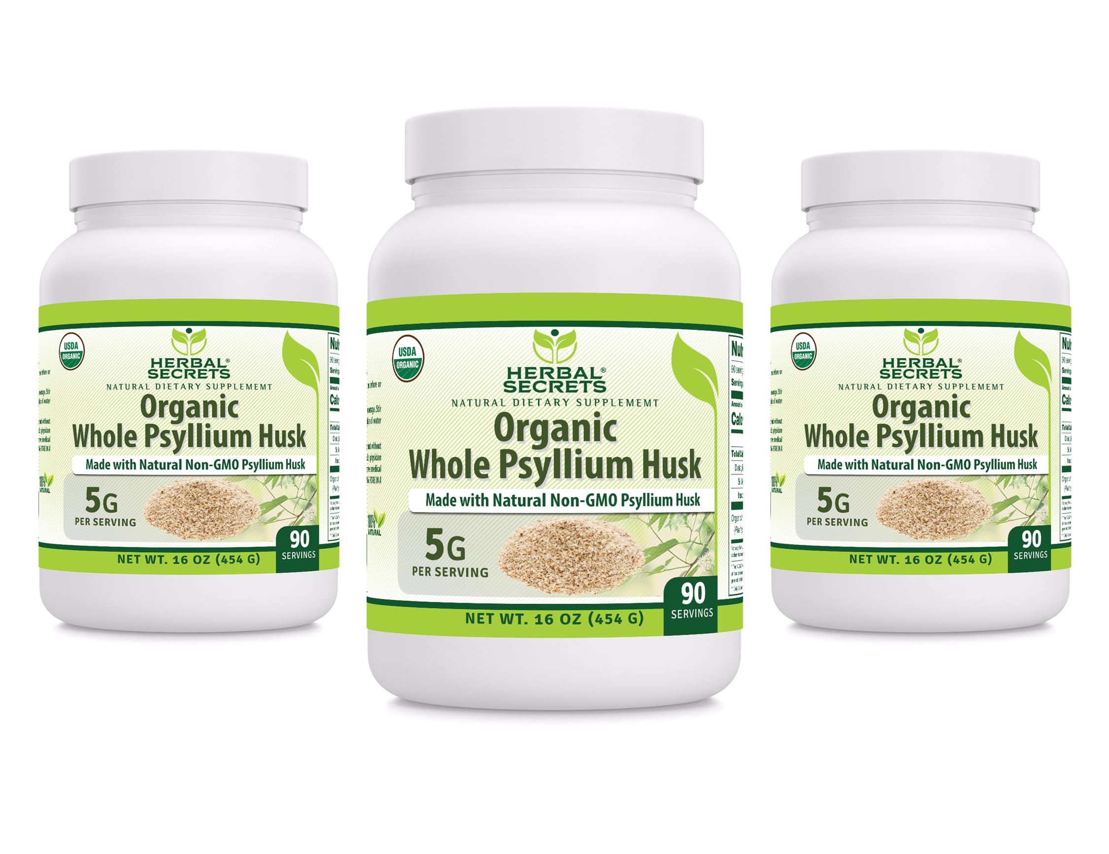 Herbal Secrets poudre psyllium entier, 16 oz, pack de 3, soutien digestif quotidien sans gluten et sans OGM.