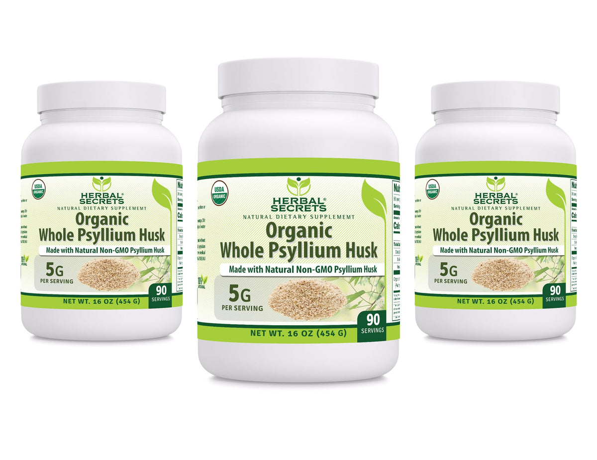 Herbal Secrets poudre psyllium entier, 16 oz, pack de 3, soutien digestif quotidien sans gluten et sans OGM.