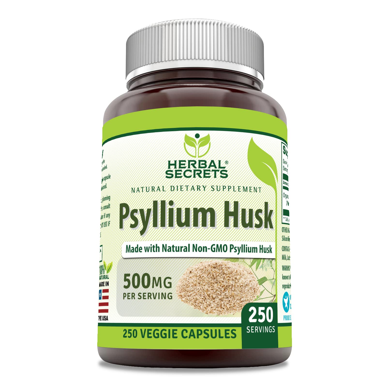 Herbal Secrets psyllium 500 mg — bouteille; soutien potentiel à l'apport en fibres.