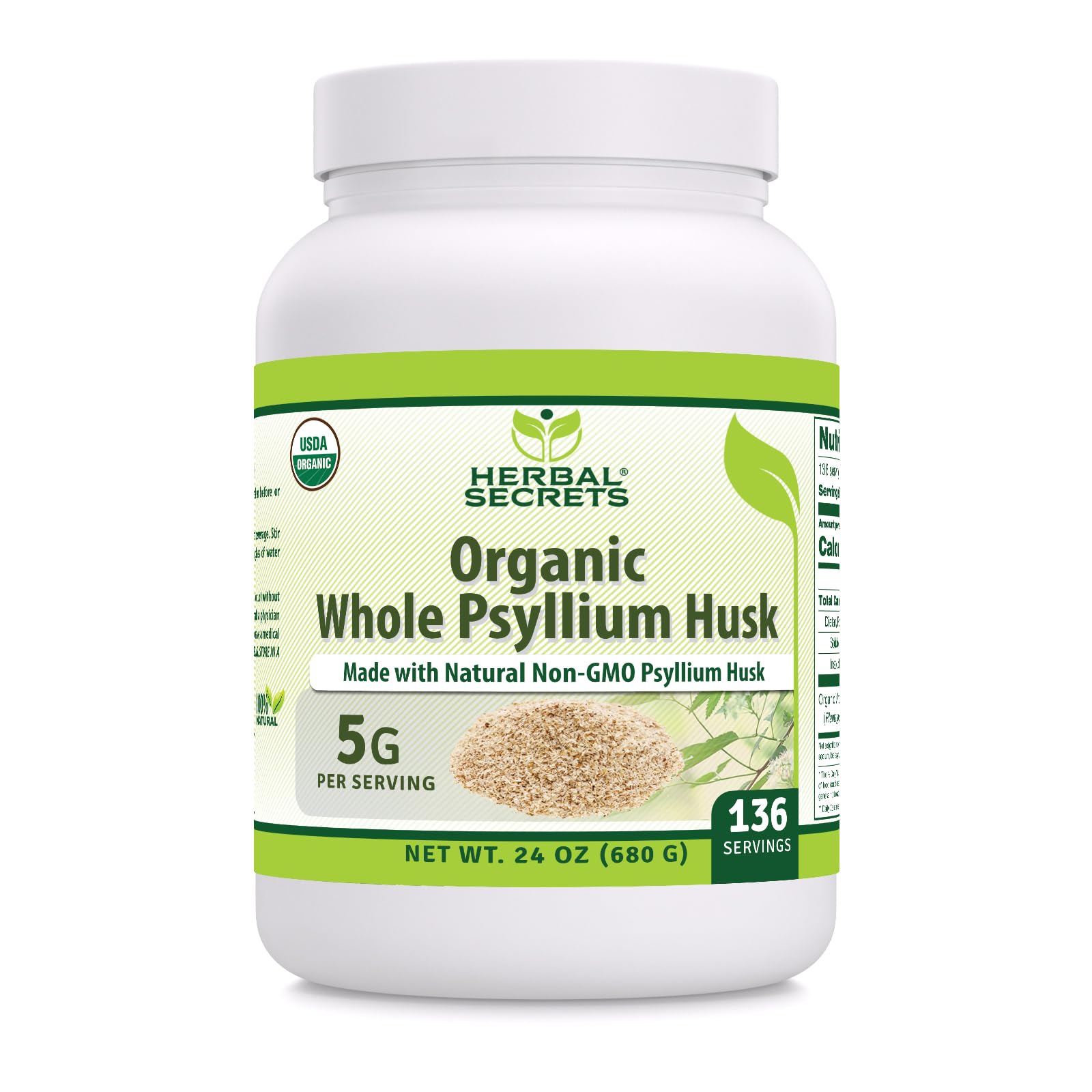 Herbal Secrets psyllium husk poudre, bouteille affichant 5 g par portion, soutien digestif potentiel