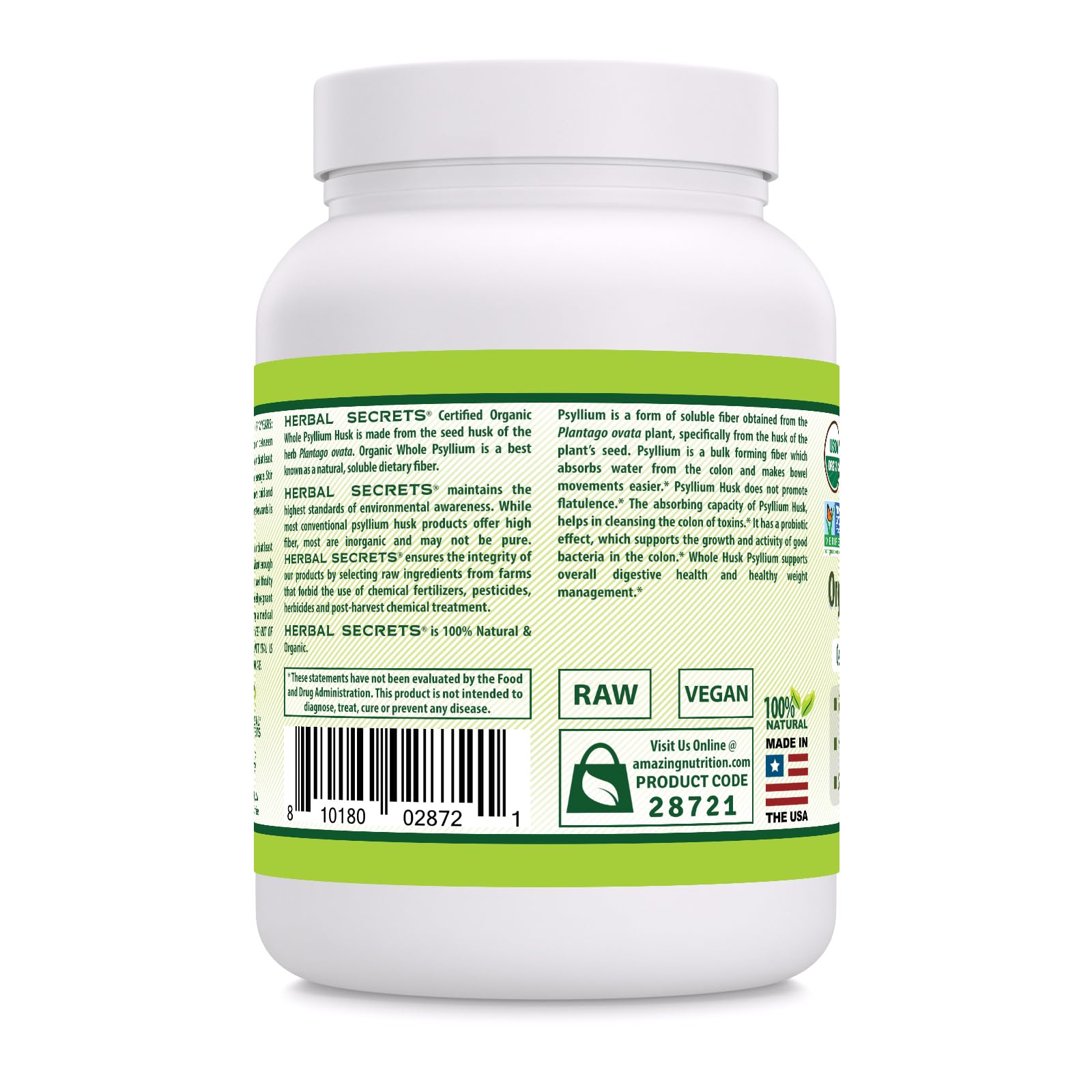 Poudre de psyllium Herbal Secrets – doseur facilitant l'utilisation quotidienne.